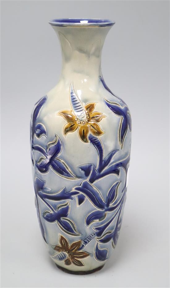 Louisa E Edwards for Doulton Lambeth - a foliate and flower incised vase, dated 1878, height 27.5cm